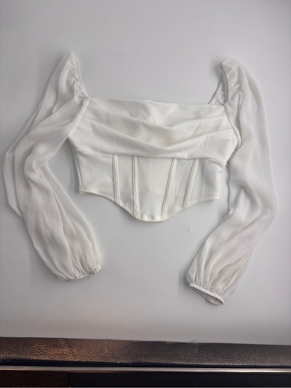Elegant White Off-Shoulder Corset Top with Sheer Bishop Sleeves
